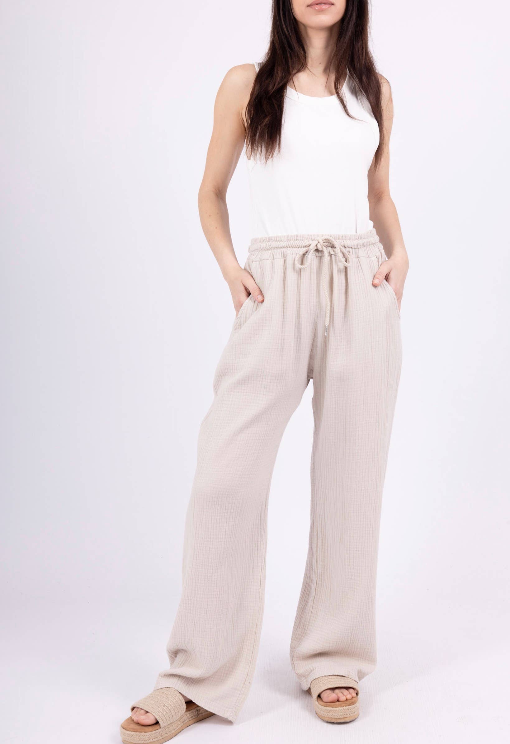 Wide cotton gauze pants with adjustable waist