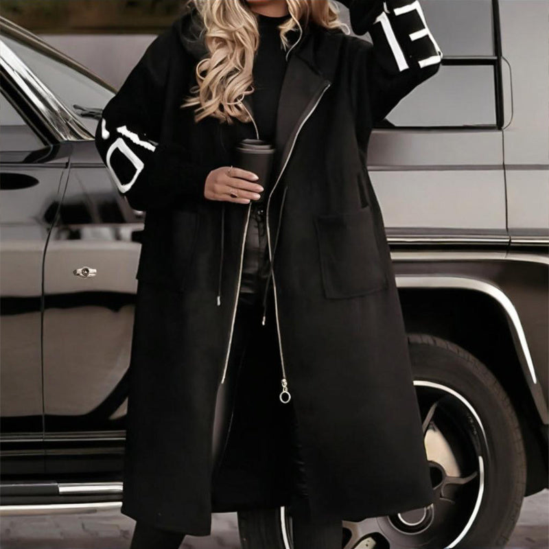 Women's Long Sleeve Letter Print Hooded Coat With Pockets - Zip Front