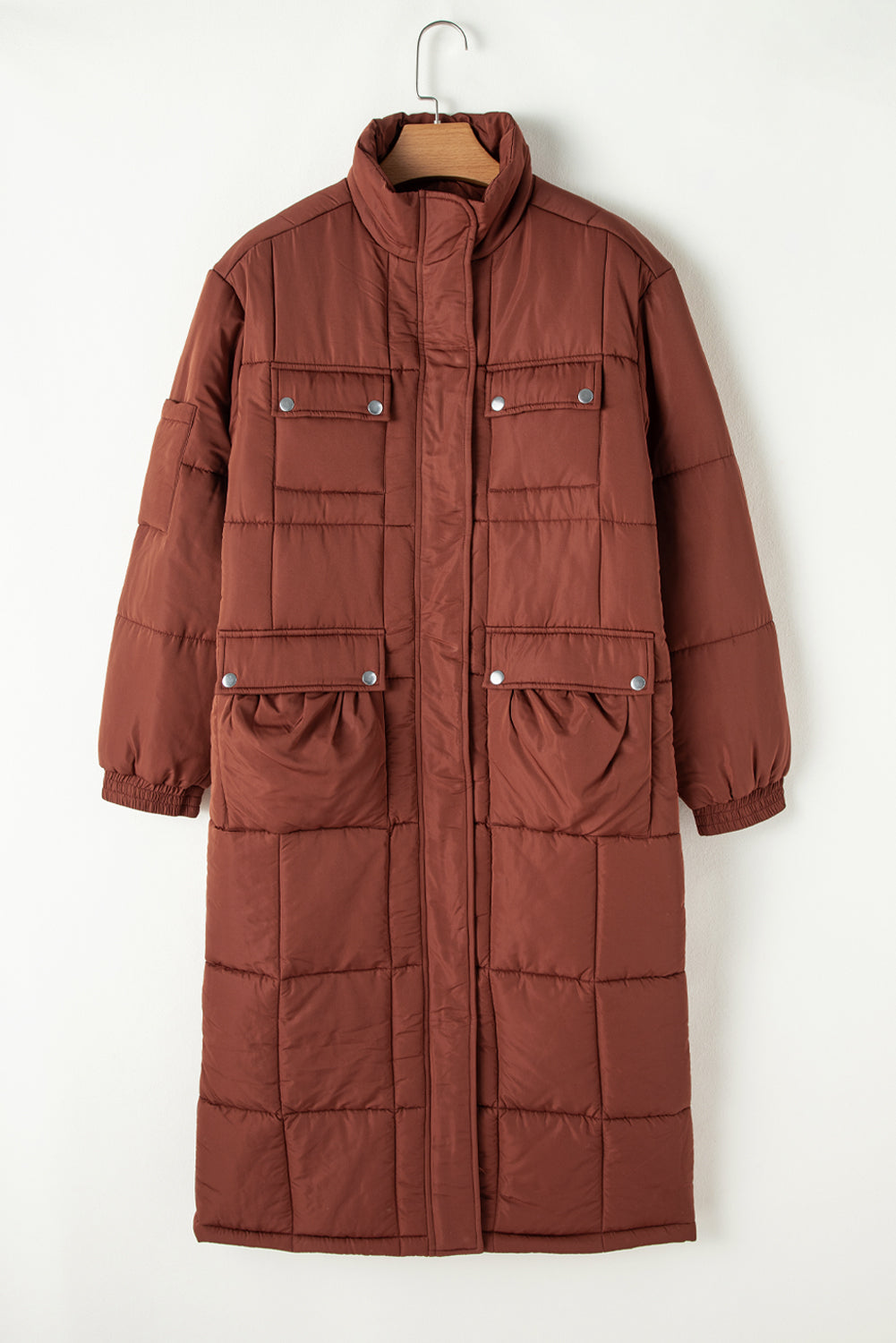 Solid Quilted Stand-Neck Zip-Up Buttoned Puffer Coat