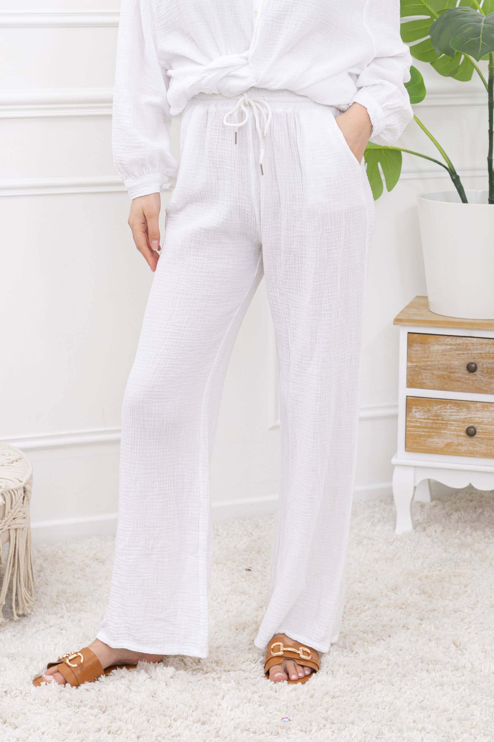 Wide cotton gauze pants with adjustable waist