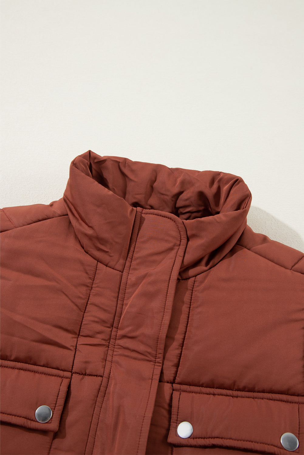 Solid Quilted Stand-Neck Zip-Up Buttoned Puffer Coat