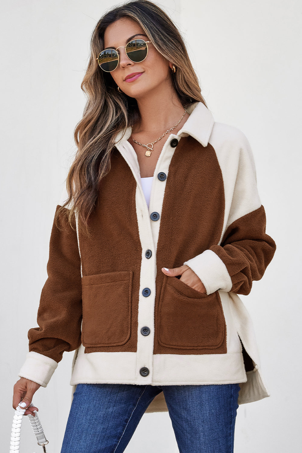 Colorblock Fleece Patchwork Button Down Shacket