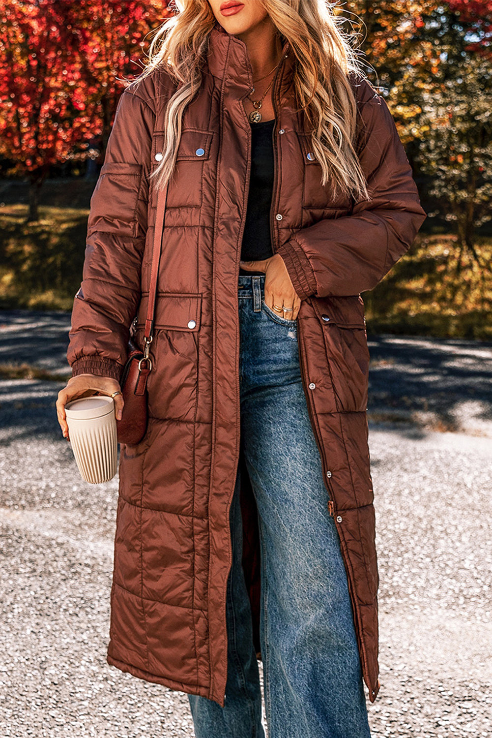 Solid Quilted Stand-Neck Zip-Up Buttoned Puffer Coat