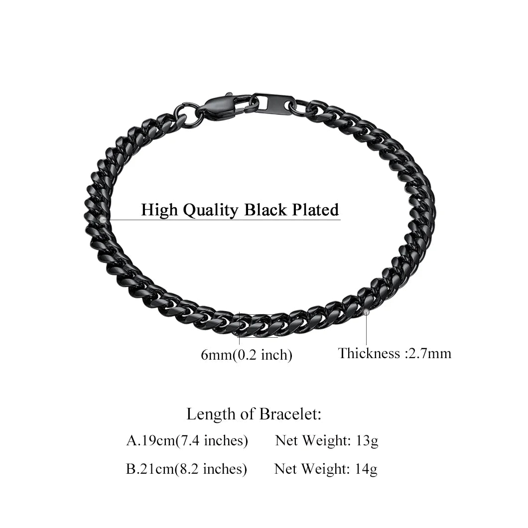 Men Chain Bracelet Black Cuban Curb Bracelet 6MM 8.3 Inch Wrist Bracelet Mens Stainless Steel Jewelry