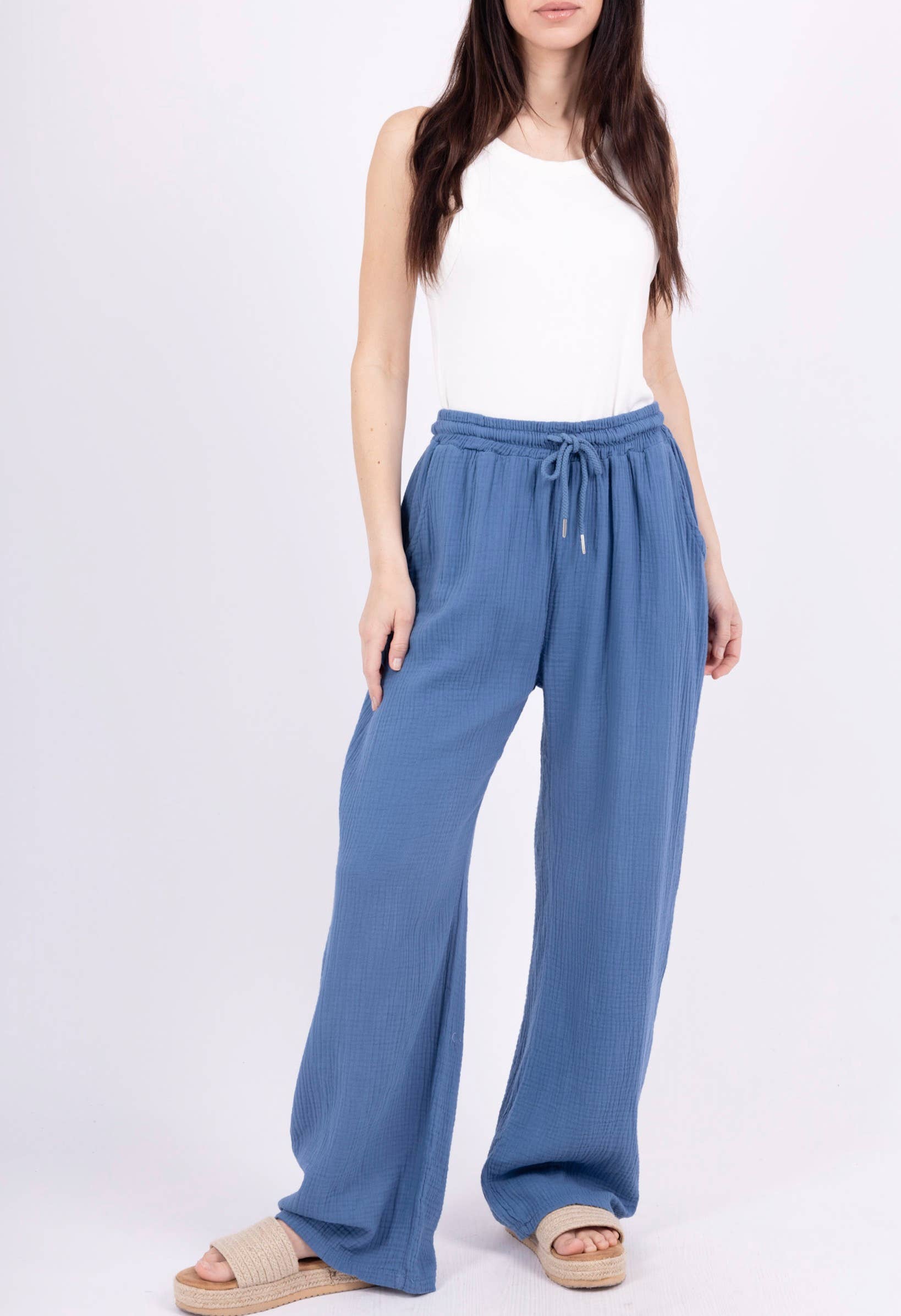 Wide cotton gauze pants with adjustable waist