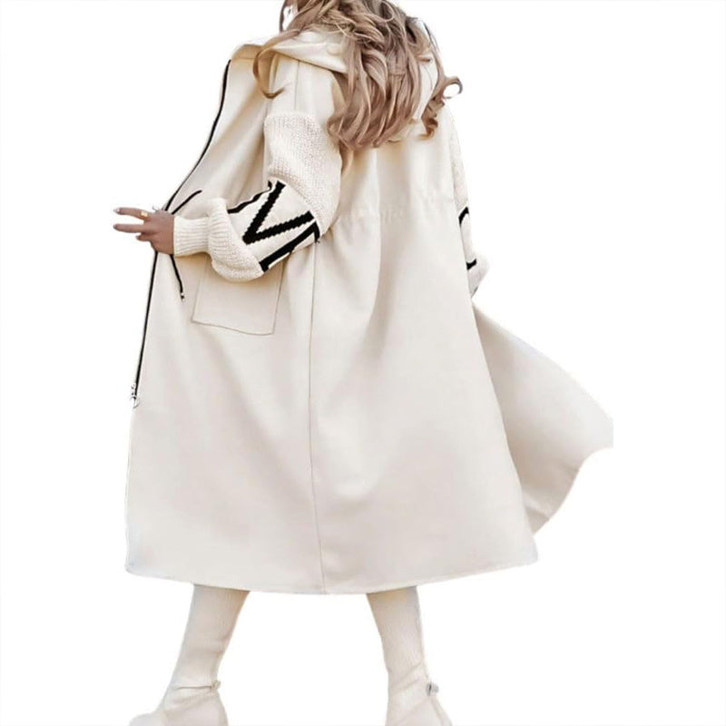 Women's Long Sleeve Letter Print Hooded Coat With Pockets - Zip Front