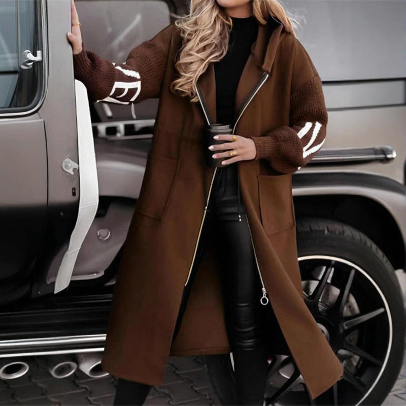 Women's Long Sleeve Letter Print Hooded Coat With Pockets - Zip Front