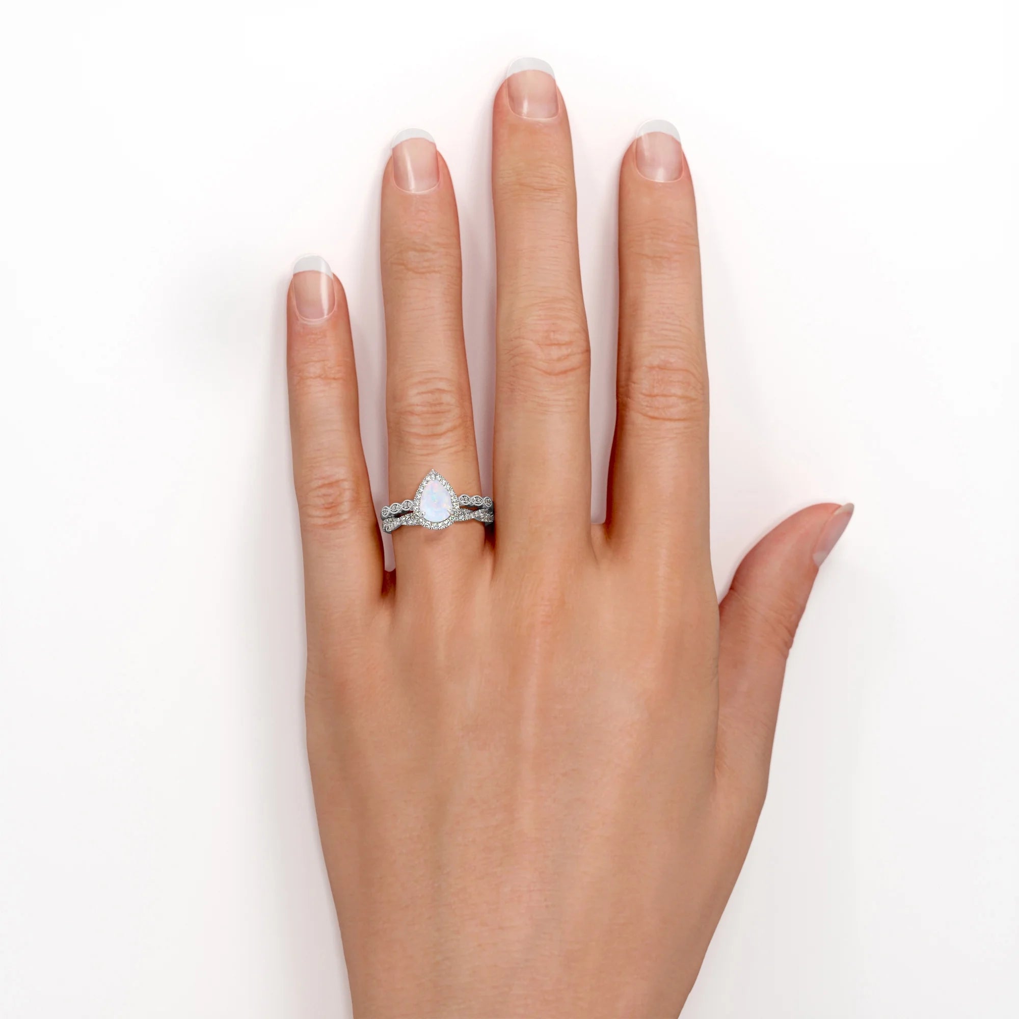 1.5 Carat Pear Cut Lab Created Opal and Moissanite Vintage Engagement Ring - Halo Pave Bridal Set in 18K White Gold over Silver