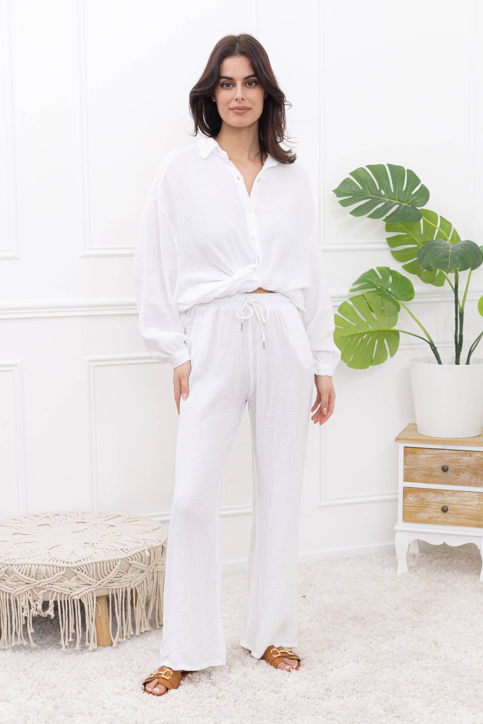 Wide cotton gauze pants with adjustable waist