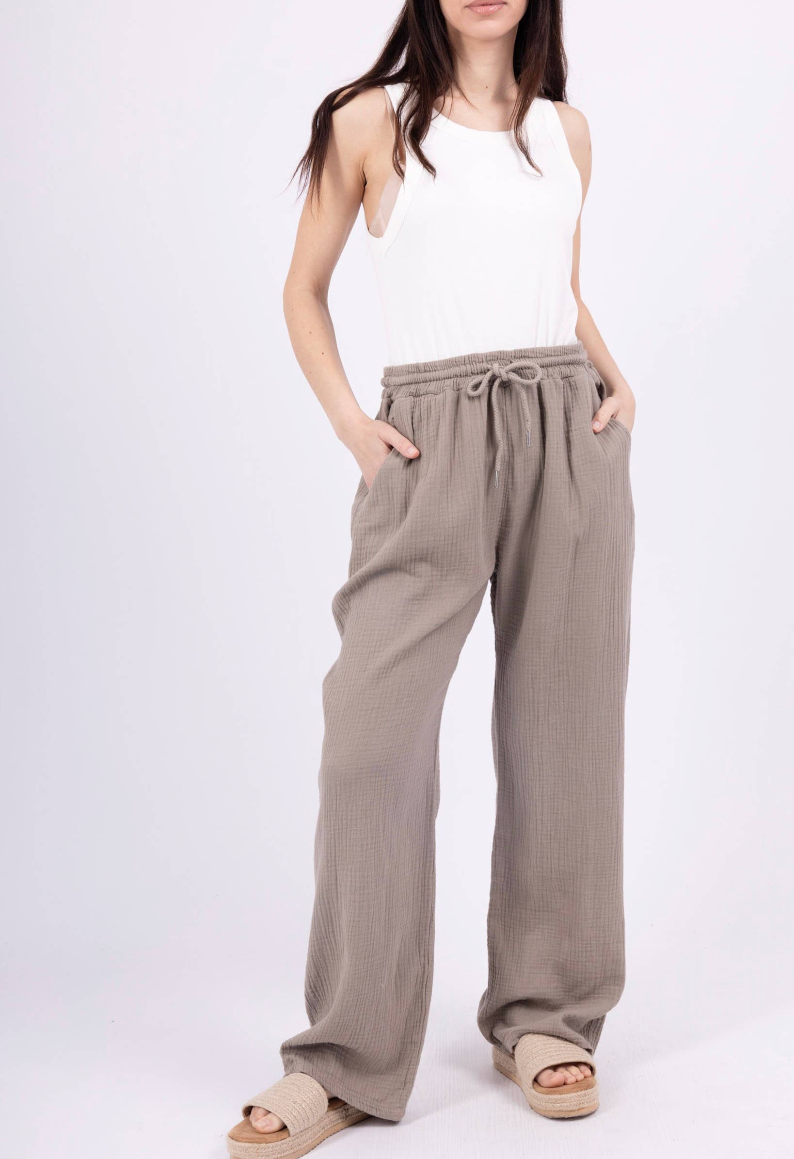 Wide cotton gauze pants with adjustable waist
