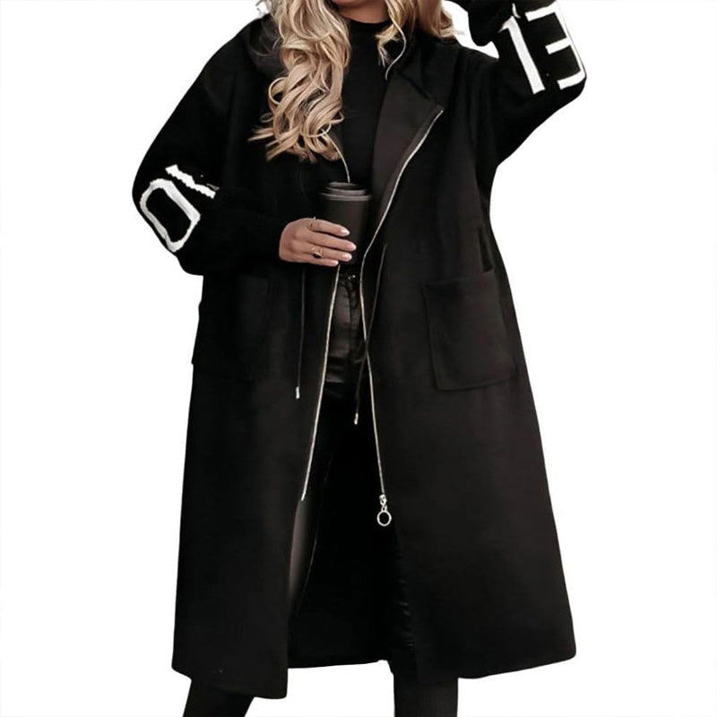 Women's Long Sleeve Letter Print Hooded Coat With Pockets - Zip Front