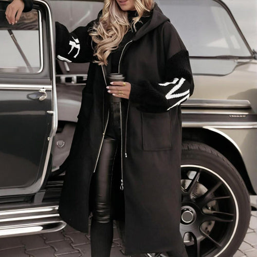 Women's Long Sleeve Letter Print Hooded Coat With Pockets - Zip Front