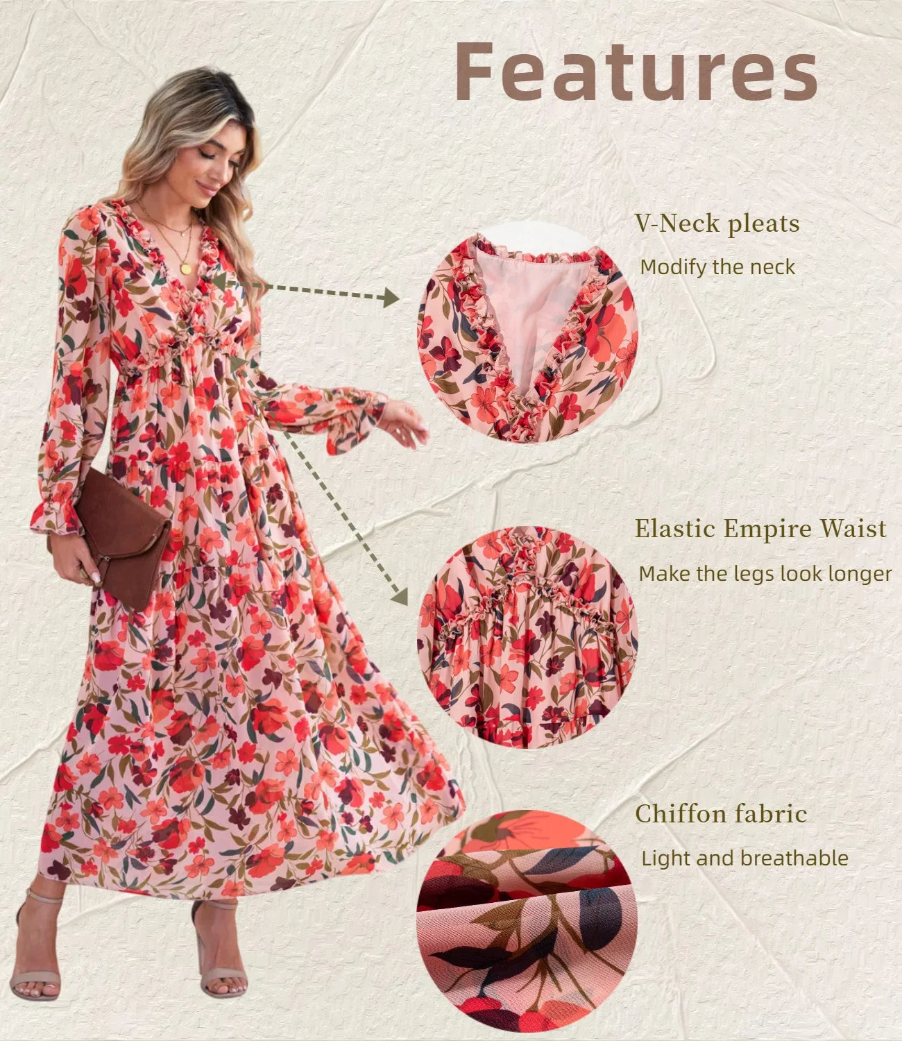 Women'S Apricot Floral Maxi Dresses Casual Deep V Neck Long Sleeve Evening Dress Cocktail Party Dress for Women, US 12-14(L)